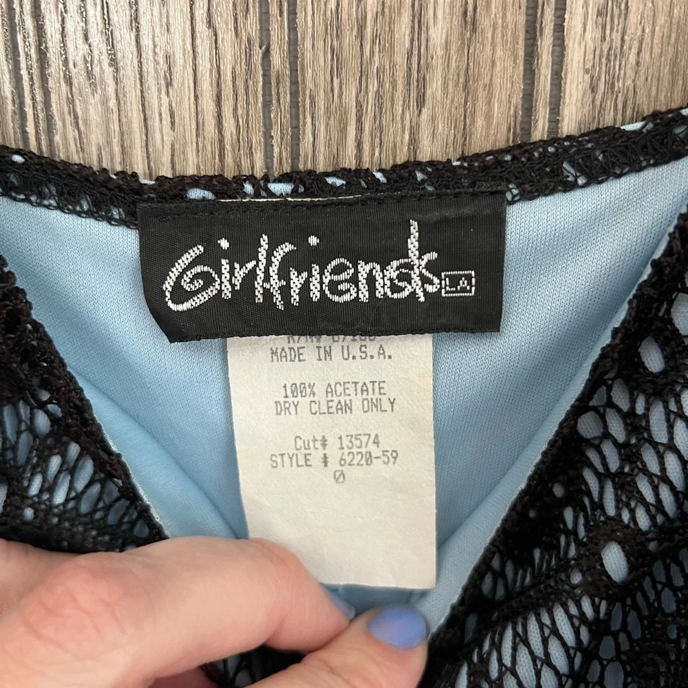 y2k Black Floral Lace Blue Slip Fringe Hem Sleeveless Midi Dress - Picture 3 of 4